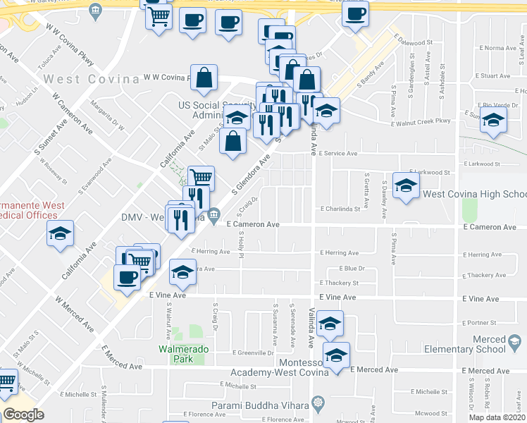 map of restaurants, bars, coffee shops, grocery stores, and more near 734 South Holly Place in West Covina