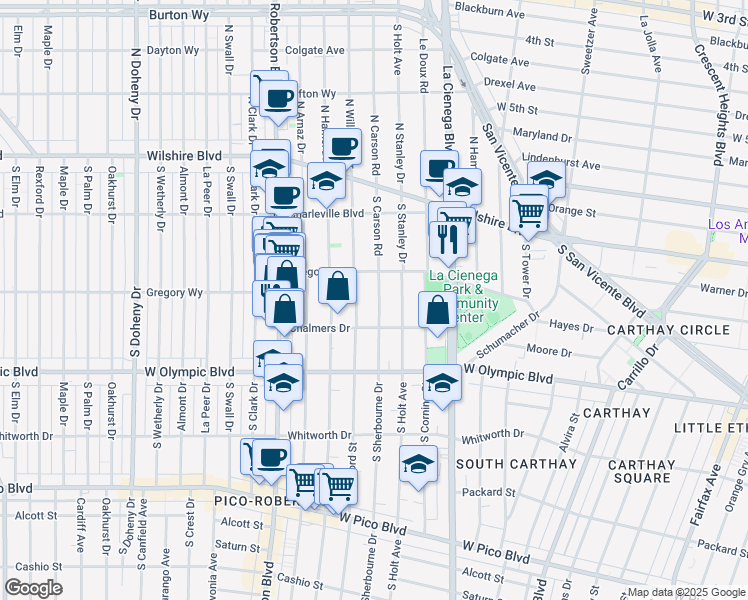 map of restaurants, bars, coffee shops, grocery stores, and more near 835 South Sherbourne Drive in Los Angeles
