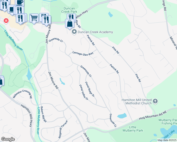 map of restaurants, bars, coffee shops, grocery stores, and more near 3855 Greenside Court in Dacula