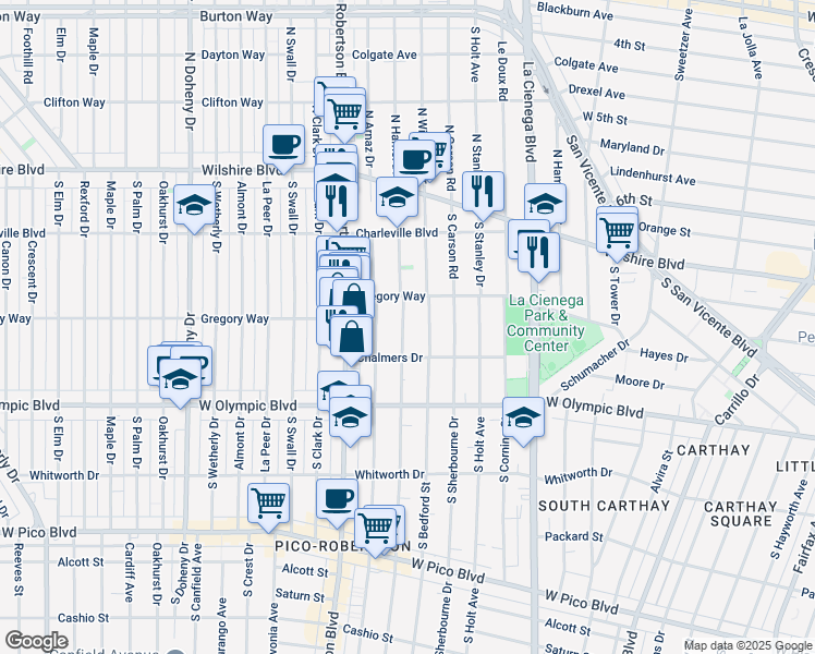 map of restaurants, bars, coffee shops, grocery stores, and more near 834 South Shenandoah Street in Los Angeles