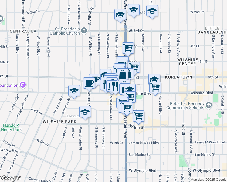 map of restaurants, bars, coffee shops, grocery stores, and more near 3855 Wilshire Boulevard in Los Angeles