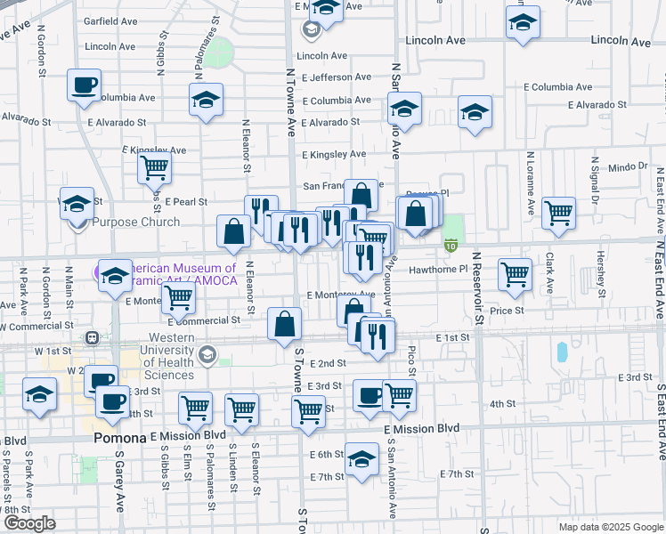 map of restaurants, bars, coffee shops, grocery stores, and more near 429 Paloma Drive in Pomona