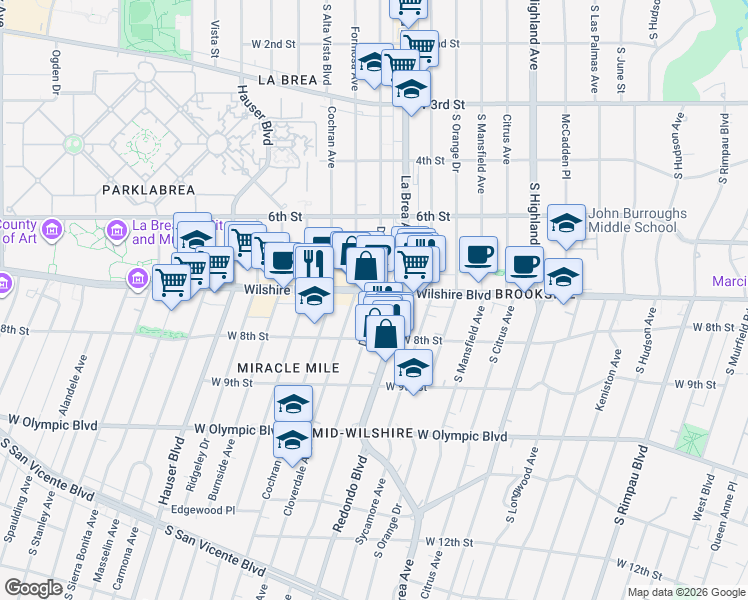 map of restaurants, bars, coffee shops, grocery stores, and more near 5350 Wilshire Boulevard in Los Angeles