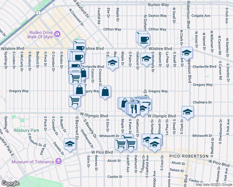 map of restaurants, bars, coffee shops, grocery stores, and more near 300 South Rexford Drive in Beverly Hills