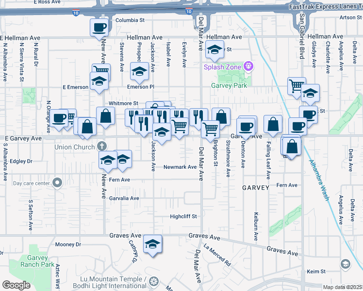 map of restaurants, bars, coffee shops, grocery stores, and more near 2755 Evelyn Avenue in Rosemead