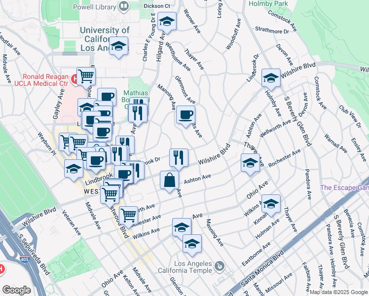 map of restaurants, bars, coffee shops, grocery stores, and more near 10717 Lindbrook Drive in Los Angeles