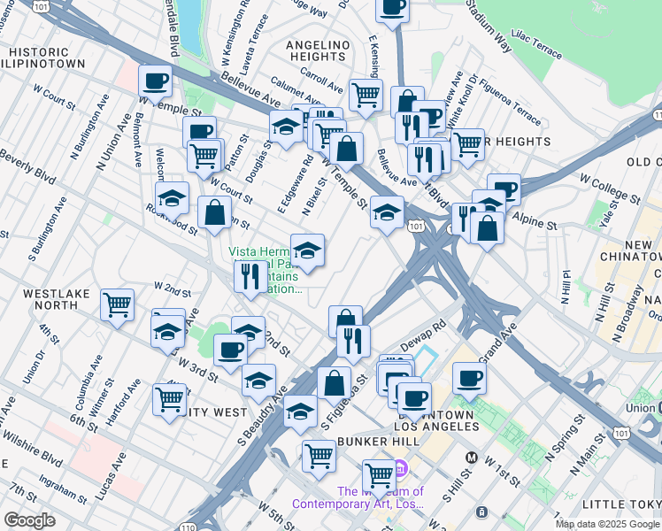 map of restaurants, bars, coffee shops, grocery stores, and more near 1137 Colton Street in Los Angeles