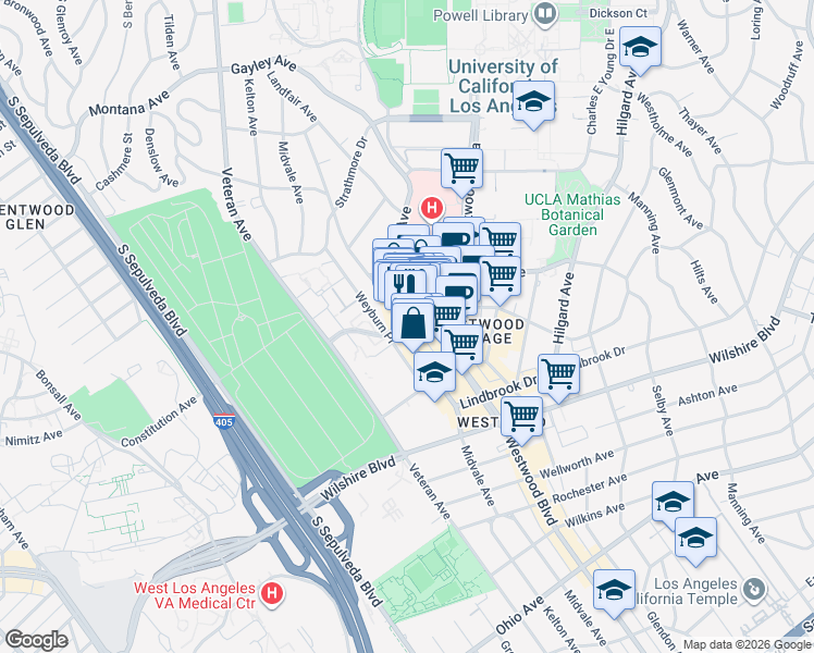 map of restaurants, bars, coffee shops, grocery stores, and more near 1000 Gayley Avenue in Los Angeles