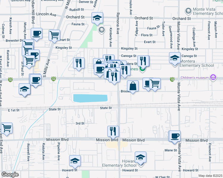 map of restaurants, bars, coffee shops, grocery stores, and more near 4460A Brooks Street in Montclair