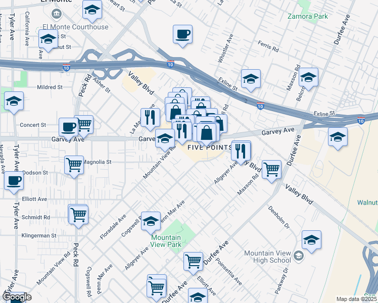 map of restaurants, bars, coffee shops, grocery stores, and more near 11934 Garvey Avenue in El Monte