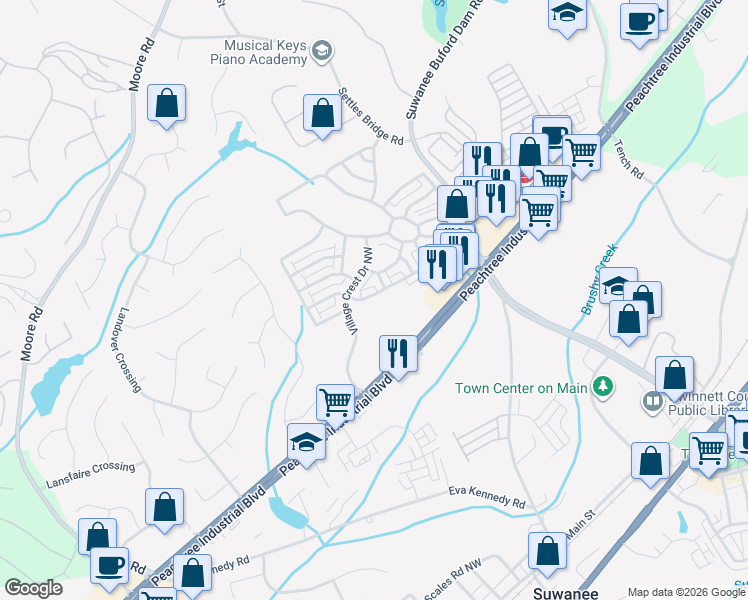 map of restaurants, bars, coffee shops, grocery stores, and more near 790 Village Field Court Northwest in Suwanee