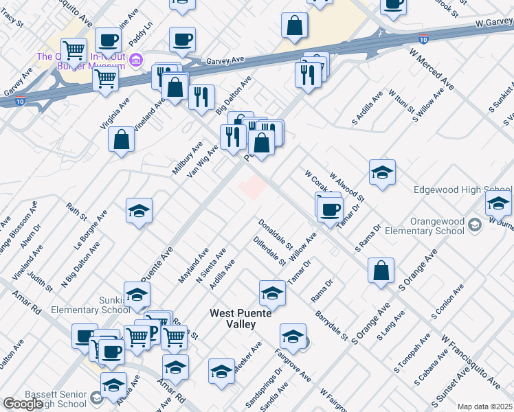 map of restaurants, bars, coffee shops, grocery stores, and more near 1515 North Siesta Avenue in La Puente