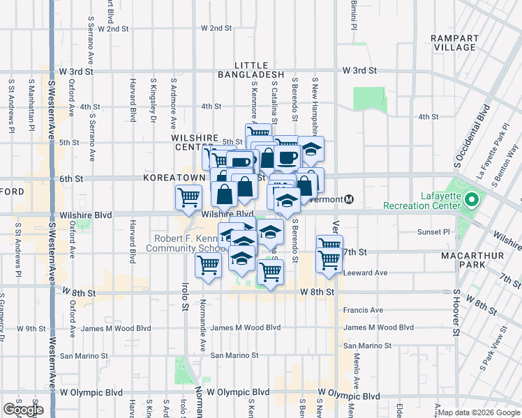 map of restaurants, bars, coffee shops, grocery stores, and more near 3345 Wilshire Boulevard in Los Angeles