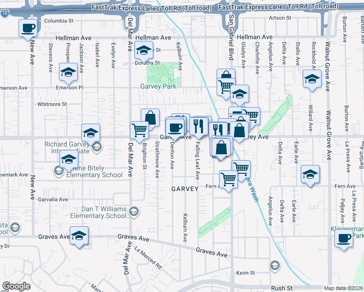 map of restaurants, bars, coffee shops, grocery stores, and more near 2741 Kelburn Avenue in Rosemead