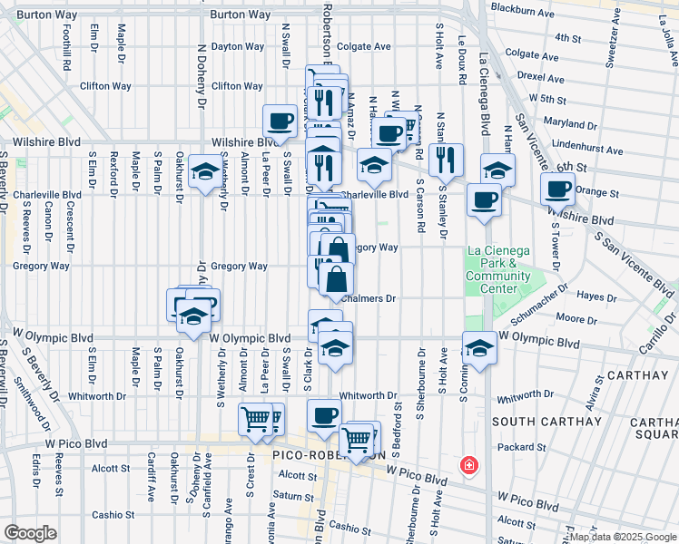map of restaurants, bars, coffee shops, grocery stores, and more near 822 South Robertson Boulevard in Los Angeles