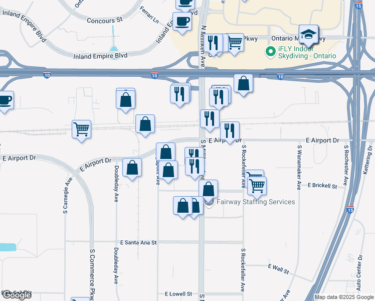 map of restaurants, bars, coffee shops, grocery stores, and more near 290 South Milliken Avenue in Ontario