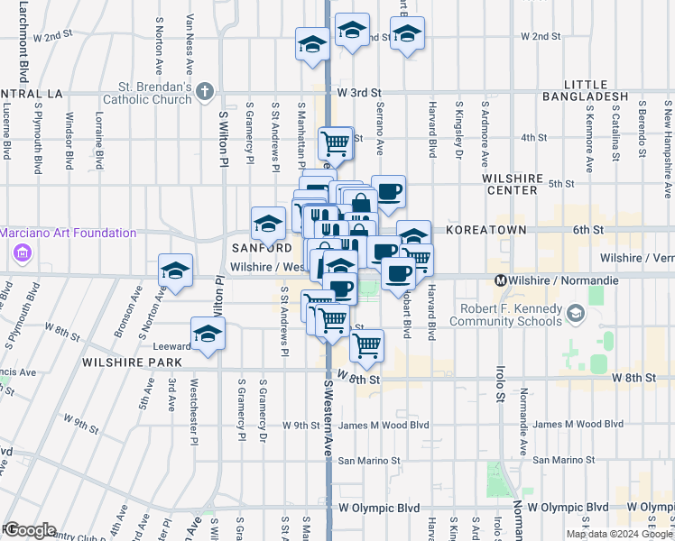 map of restaurants, bars, coffee shops, grocery stores, and more near 3785 Wilshire Boulevard in Los Angeles