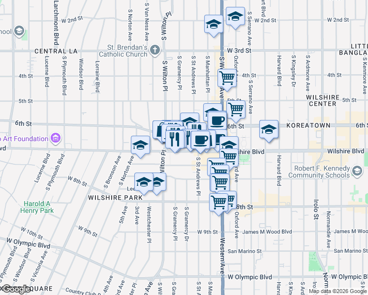map of restaurants, bars, coffee shops, grocery stores, and more near 3921 Wilshire Boulevard in Los Angeles