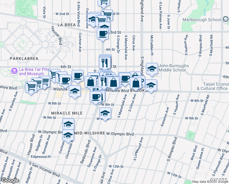 map of restaurants, bars, coffee shops, grocery stores, and more near 5164 Wilshire Boulevard in Los Angeles
