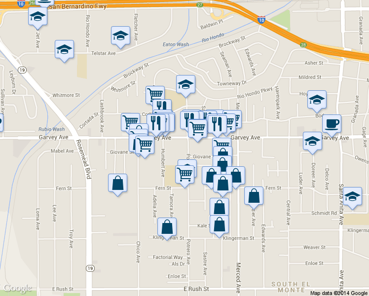 map of restaurants, bars, coffee shops, grocery stores, and more near 2737 Potrero Avenue in El Monte