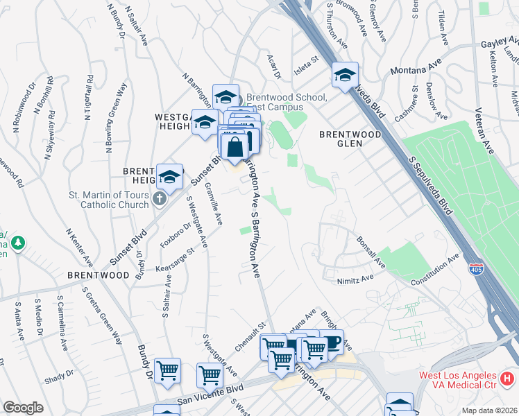 map of restaurants, bars, coffee shops, grocery stores, and more near 330 South Barrington Avenue in Los Angeles