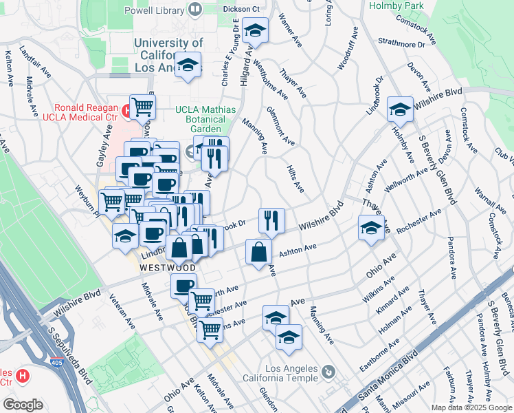 map of restaurants, bars, coffee shops, grocery stores, and more near 1057 Selby Avenue in Los Angeles