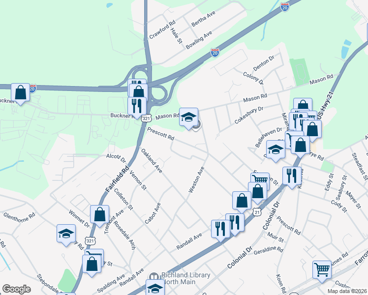 map of restaurants, bars, coffee shops, grocery stores, and more near 823 Prescott Road in Columbia