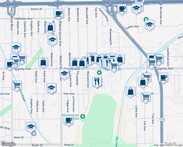 map of restaurants, bars, coffee shops, grocery stores, and more near 2742 Muscatel Avenue in Rosemead