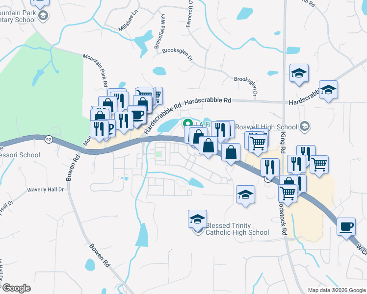 map of restaurants, bars, coffee shops, grocery stores, and more near 5710 Waters Edge Trail in Roswell