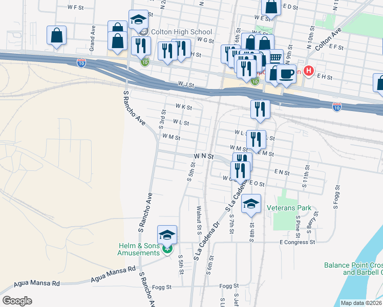 map of restaurants, bars, coffee shops, grocery stores, and more near 417 West N Street in Colton