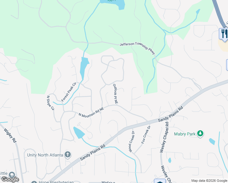 map of restaurants, bars, coffee shops, grocery stores, and more near 4647 Outlook Place Northeast in Marietta