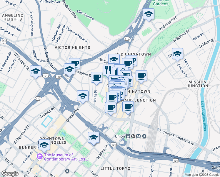 map of restaurants, bars, coffee shops, grocery stores, and more near 713n North Hill Street in Los Angeles