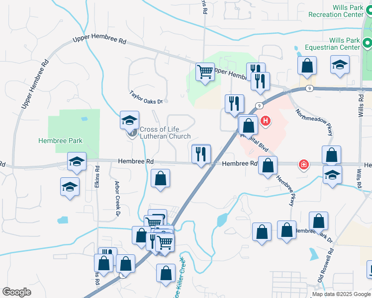 map of restaurants, bars, coffee shops, grocery stores, and more near 140 Enclave Court in Roswell