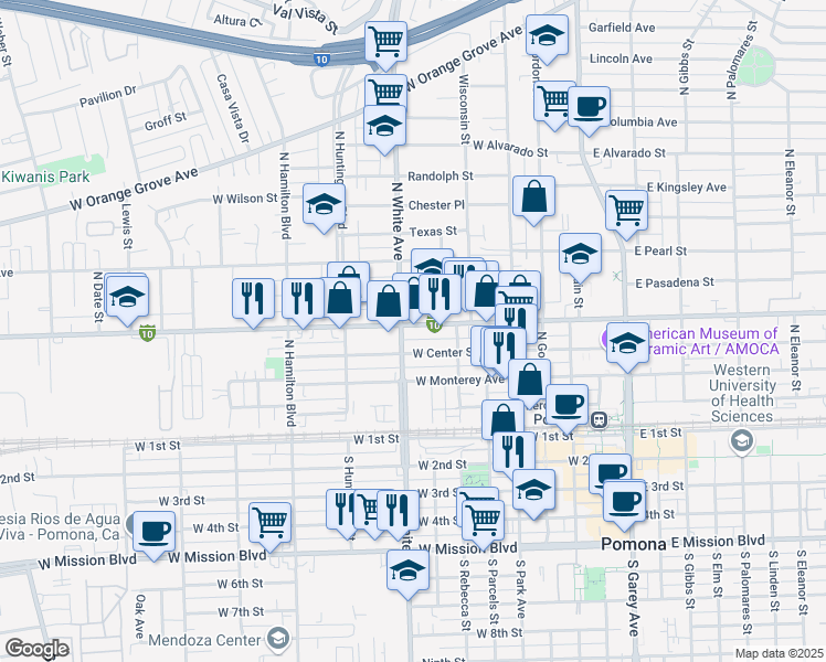 map of restaurants, bars, coffee shops, grocery stores, and more near 572 West Holt Avenue in Pomona