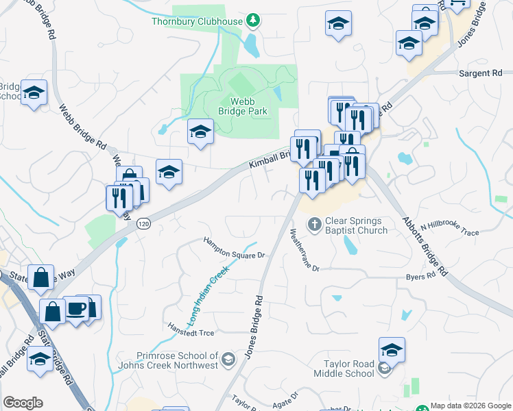 map of restaurants, bars, coffee shops, grocery stores, and more near 715 Kimball Parc Way in Alpharetta