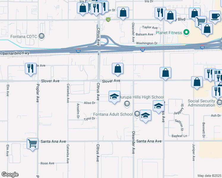 map of restaurants, bars, coffee shops, grocery stores, and more near 16171 Slover Avenue in Fontana