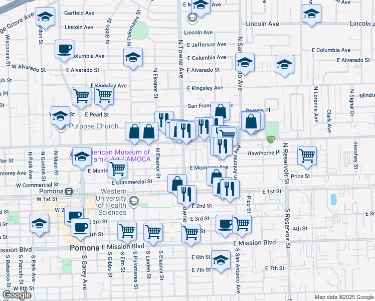 map of restaurants, bars, coffee shops, grocery stores, and more near 442 North Towne Avenue in Pomona