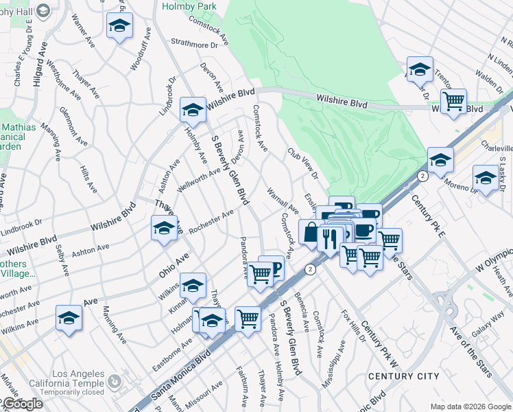 map of restaurants, bars, coffee shops, grocery stores, and more near 1414 South Beverly Glen Boulevard in Los Angeles