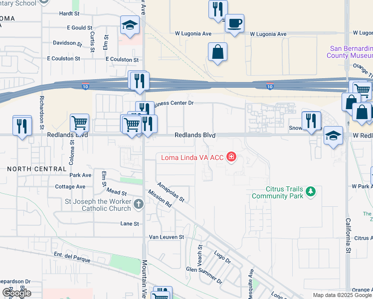 map of restaurants, bars, coffee shops, grocery stores, and more near 25870 Miramonte Street in Redlands