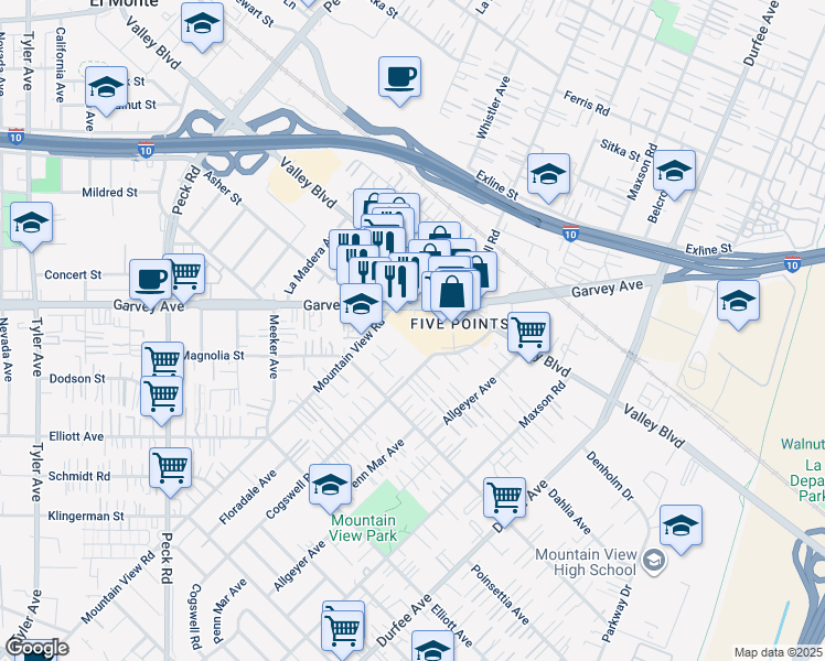 map of restaurants, bars, coffee shops, grocery stores, and more near 11934 Garvey Avenue in El Monte
