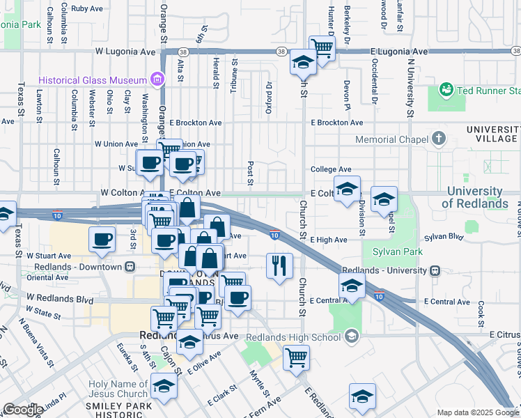 map of restaurants, bars, coffee shops, grocery stores, and more near 500 The Terrace in Redlands