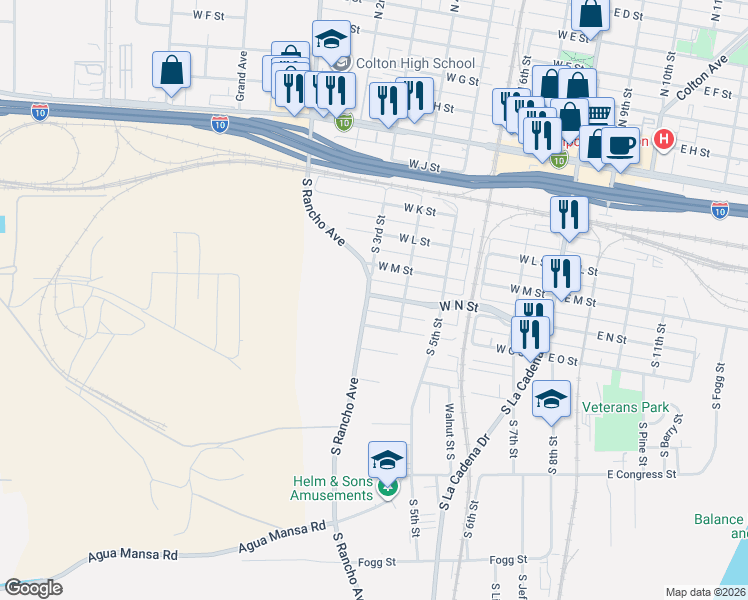 map of restaurants, bars, coffee shops, grocery stores, and more near 590 West N Street in Colton