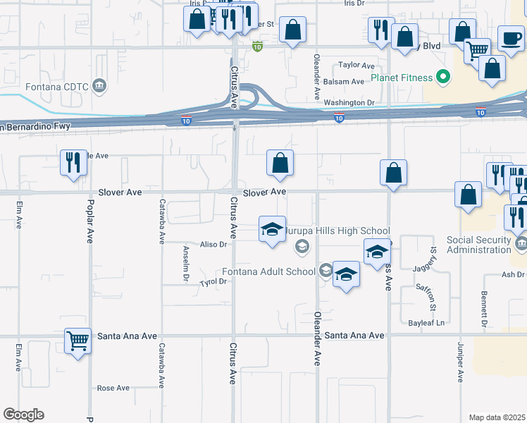 map of restaurants, bars, coffee shops, grocery stores, and more near 16257 Slover Avenue in Fontana