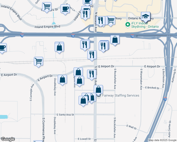map of restaurants, bars, coffee shops, grocery stores, and more near 290 South Milliken Avenue in Ontario