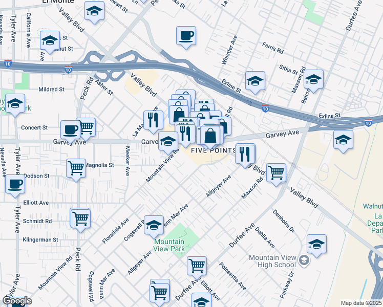 map of restaurants, bars, coffee shops, grocery stores, and more near 11910 Garvey Ave in El Monte