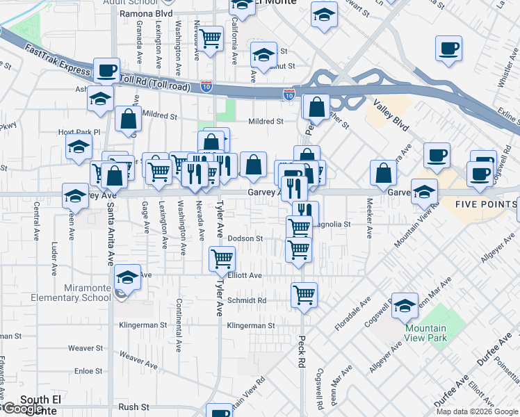 map of restaurants, bars, coffee shops, grocery stores, and more near 2828 Consol Avenue in El Monte