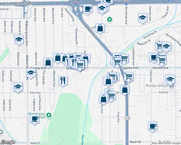 map of restaurants, bars, coffee shops, grocery stores, and more near 9100 Garvey Avenue in Rosemead