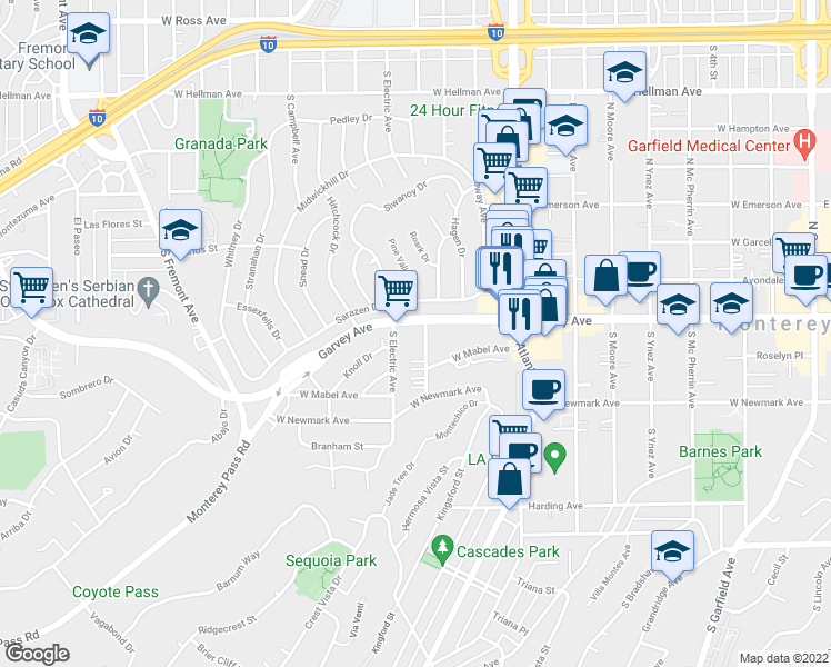 map of restaurants, bars, coffee shops, grocery stores, and more near 1030 West Garvey Avenue in Monterey Park