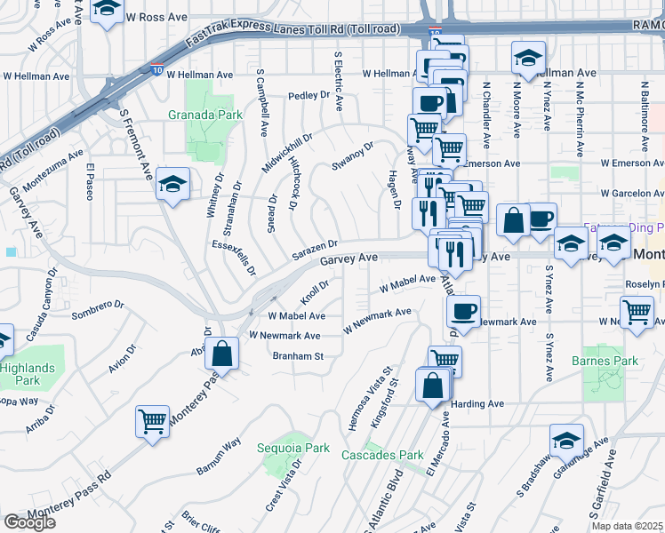 map of restaurants, bars, coffee shops, grocery stores, and more near 1140 Garvey Avenue in Monterey Park