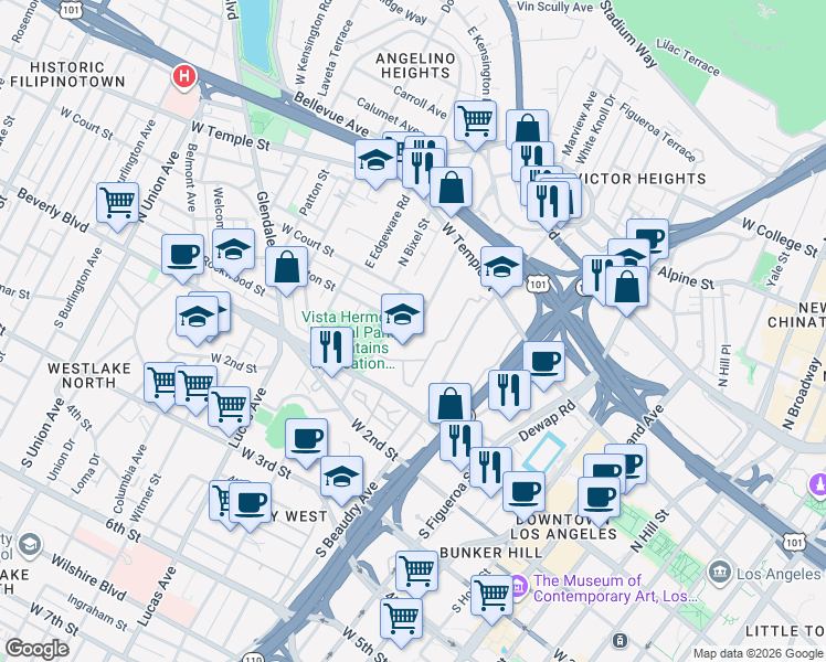 map of restaurants, bars, coffee shops, grocery stores, and more near 1137 Colton Street in Los Angeles